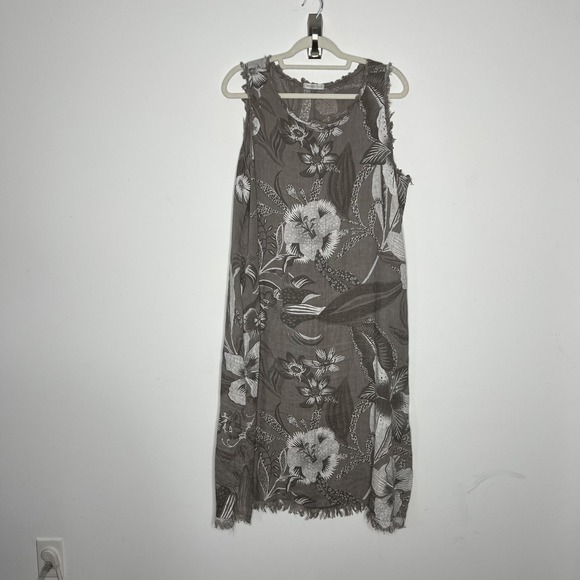 Linen Dress Womens XL Gray Boho Floral Sleeveless Fringe Hem Pockets Italy - Picture 1 of 9